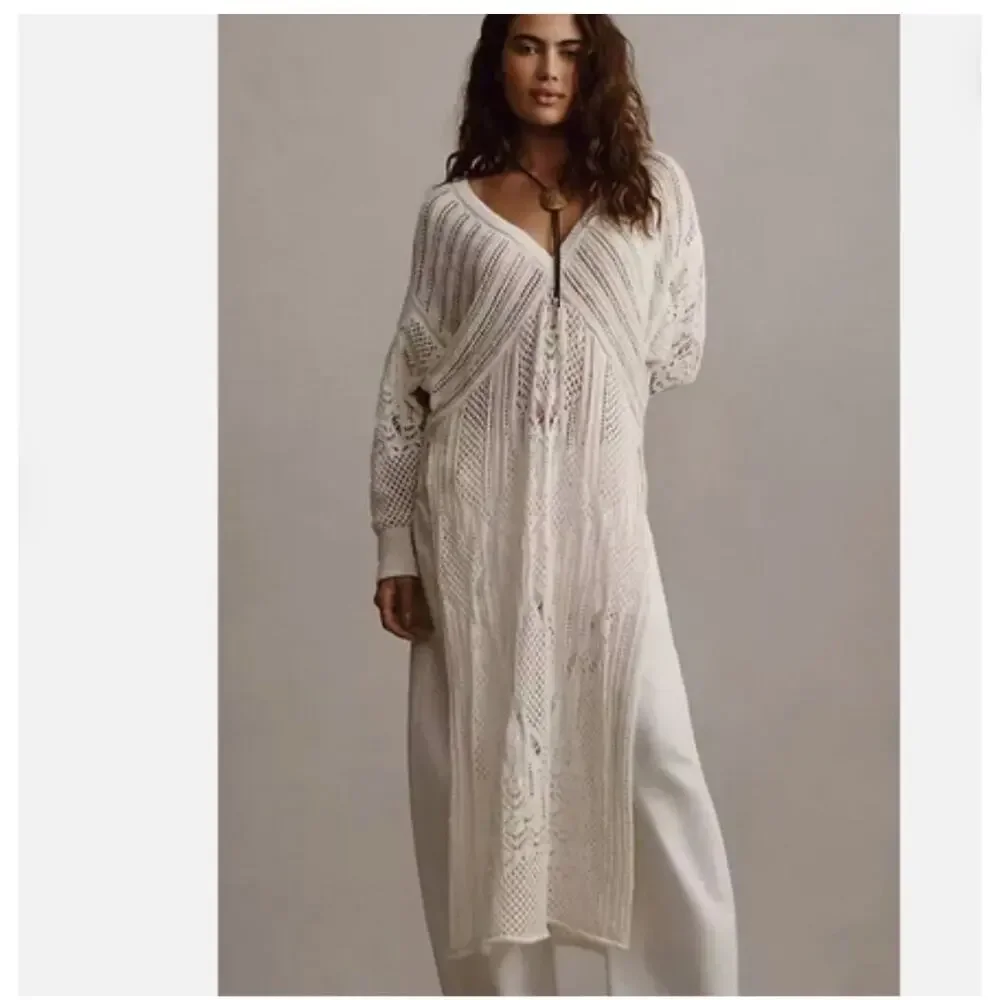 Anthropologie Open-Stitch Side-Slit Tunic Sweater Dress Duster Ivory M - Picture 2 of 11